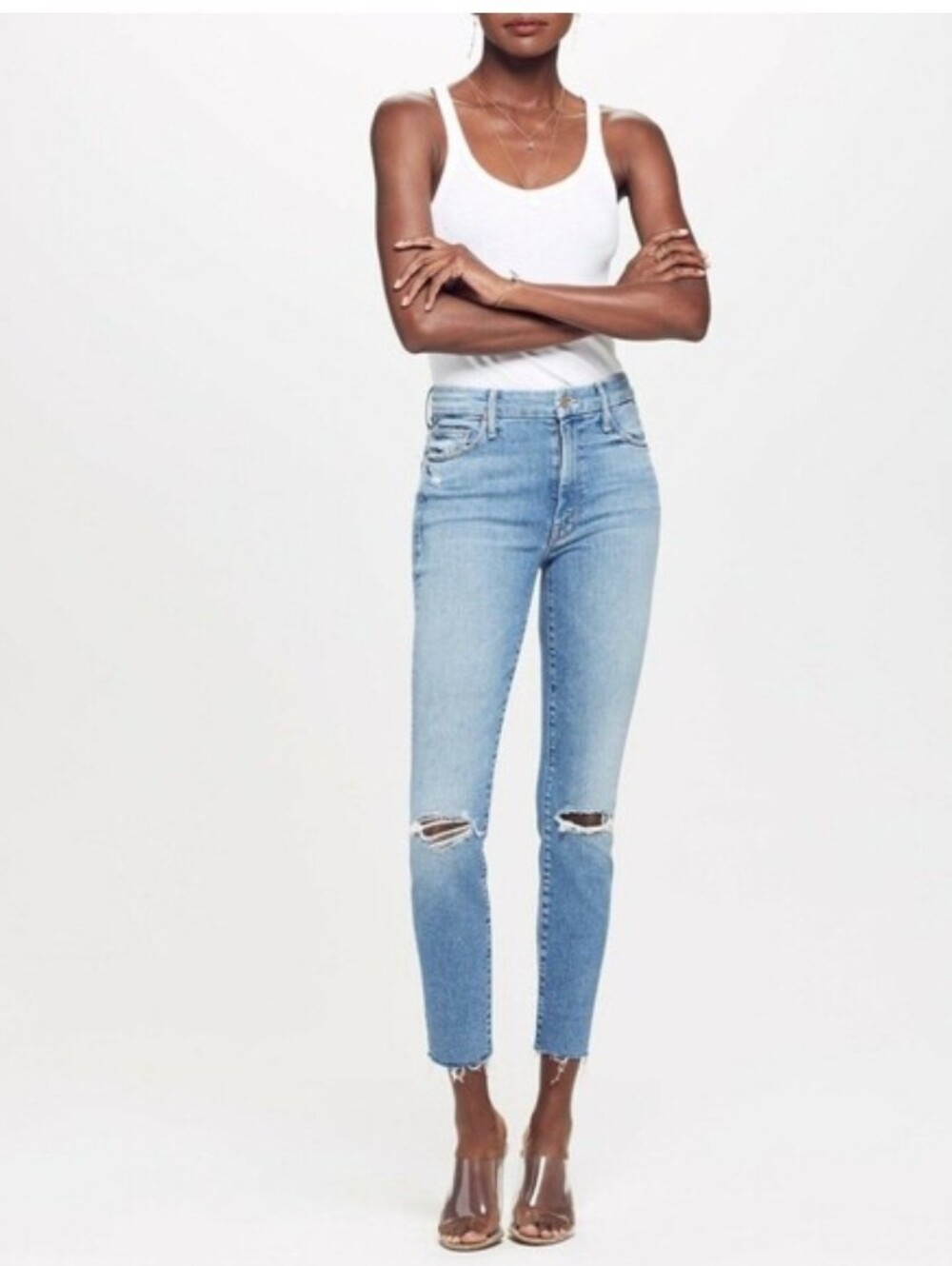 MOTHER Light Blue Distressed High-Rise Cropped Jeans